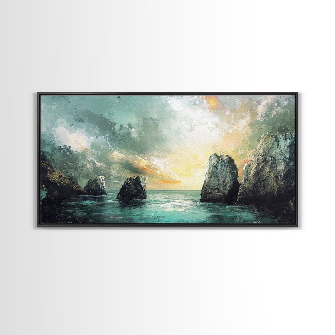 Ocean Cliffs, landscape painting, nautical wall art, moody art, wabi sabi art, extra wide art, textured art, Framed Canvas Print