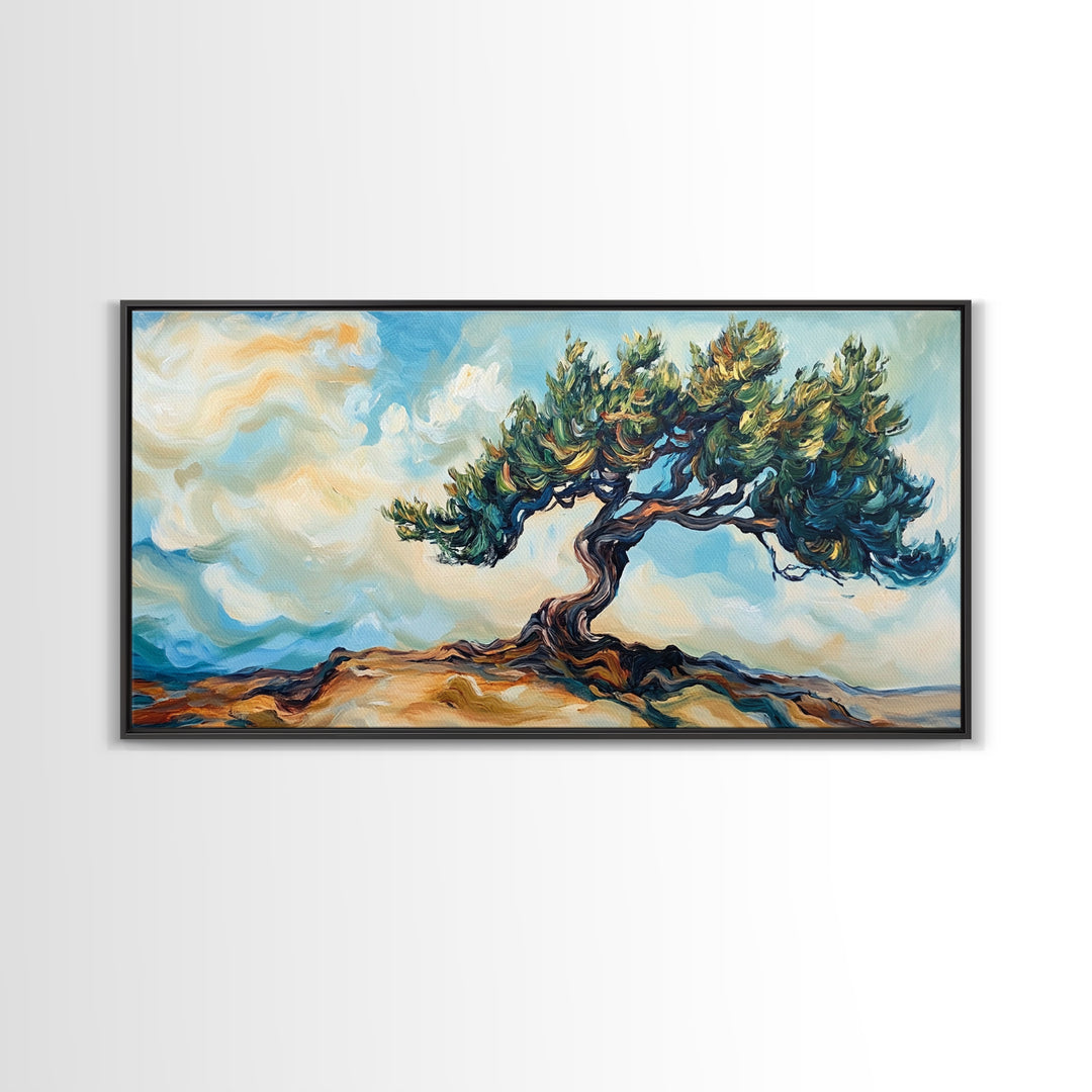 Oak Tree Art, Landscape Painting, Windy Tree Art, Wabi Sabi Art, Rustic Wall Art, Nature Wall Art, Living Room Art, Framed Canvas Print