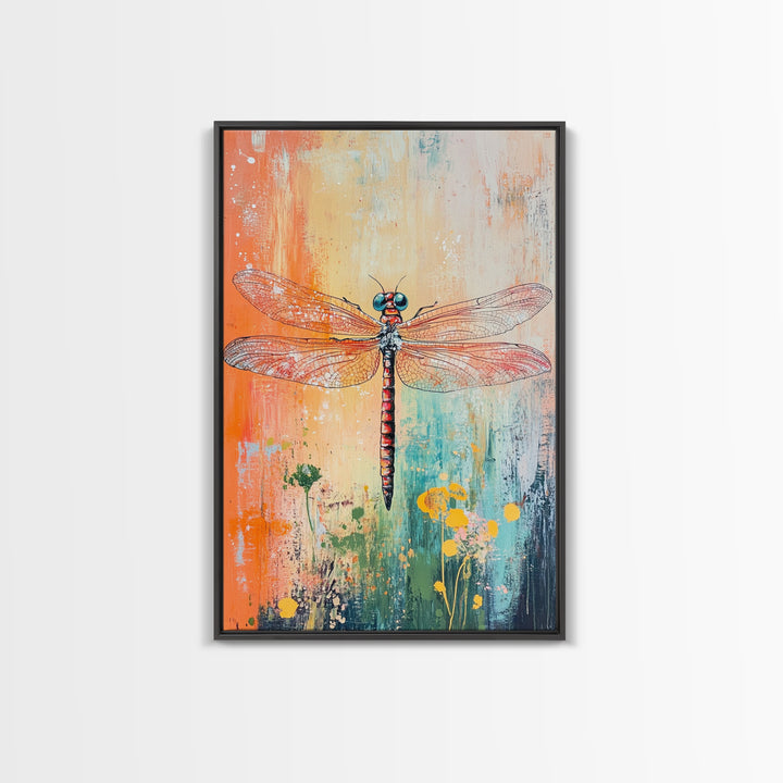 Dragonfly, botanical prints, whimsical art, light pink wall art, framed canvas print, nature art, boho decor, insect artwork