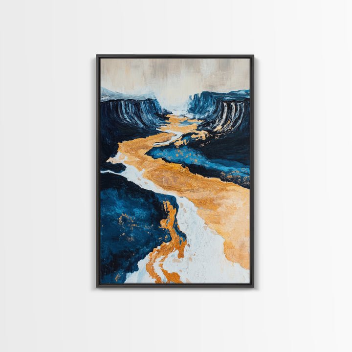River, landscape painting, panoramic painting, wabi sabi art, framed canvas print, extra wide art, moody art, gold abstract art