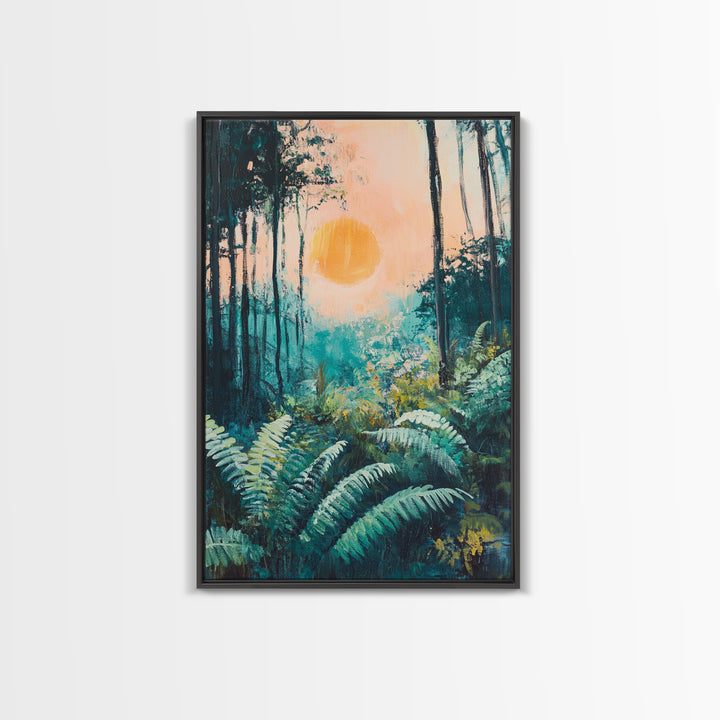 Forest Sunrise Painting, Nature Landscape, Golden Light Art, Pine Tree Art, Warm Moody Decor, Rustic Wall Art, Canvas Print
