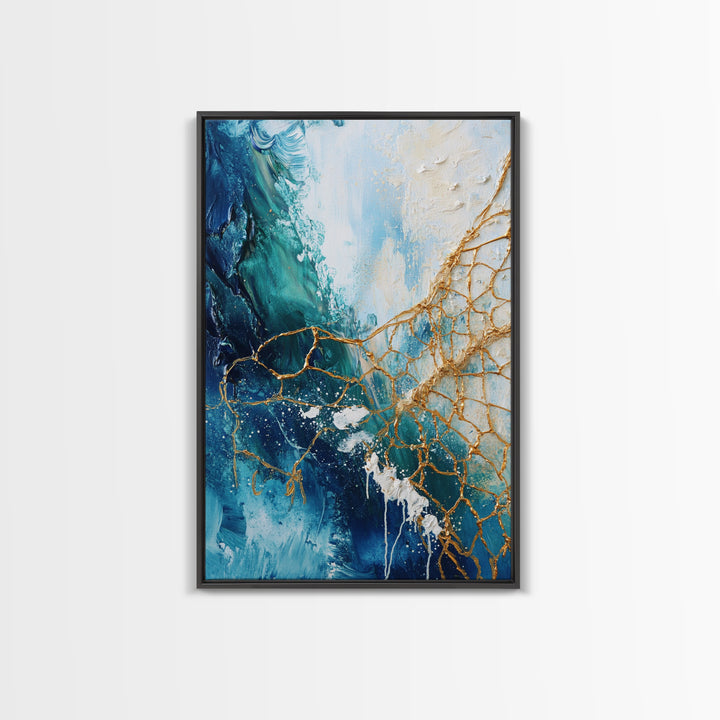 Abstract Ocean Painting, Coastal Wall Art, Blue and Gold Art, Nautical Decor, Contemporary Seascape, Canvas Print