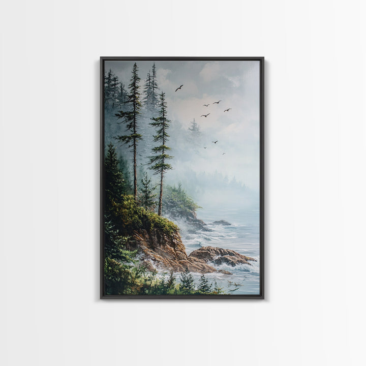 Coastal Cliff, ocean waves, pine tree art, landscape painting, coastal wall art, rustic decor, framed canvas print, nautical art
