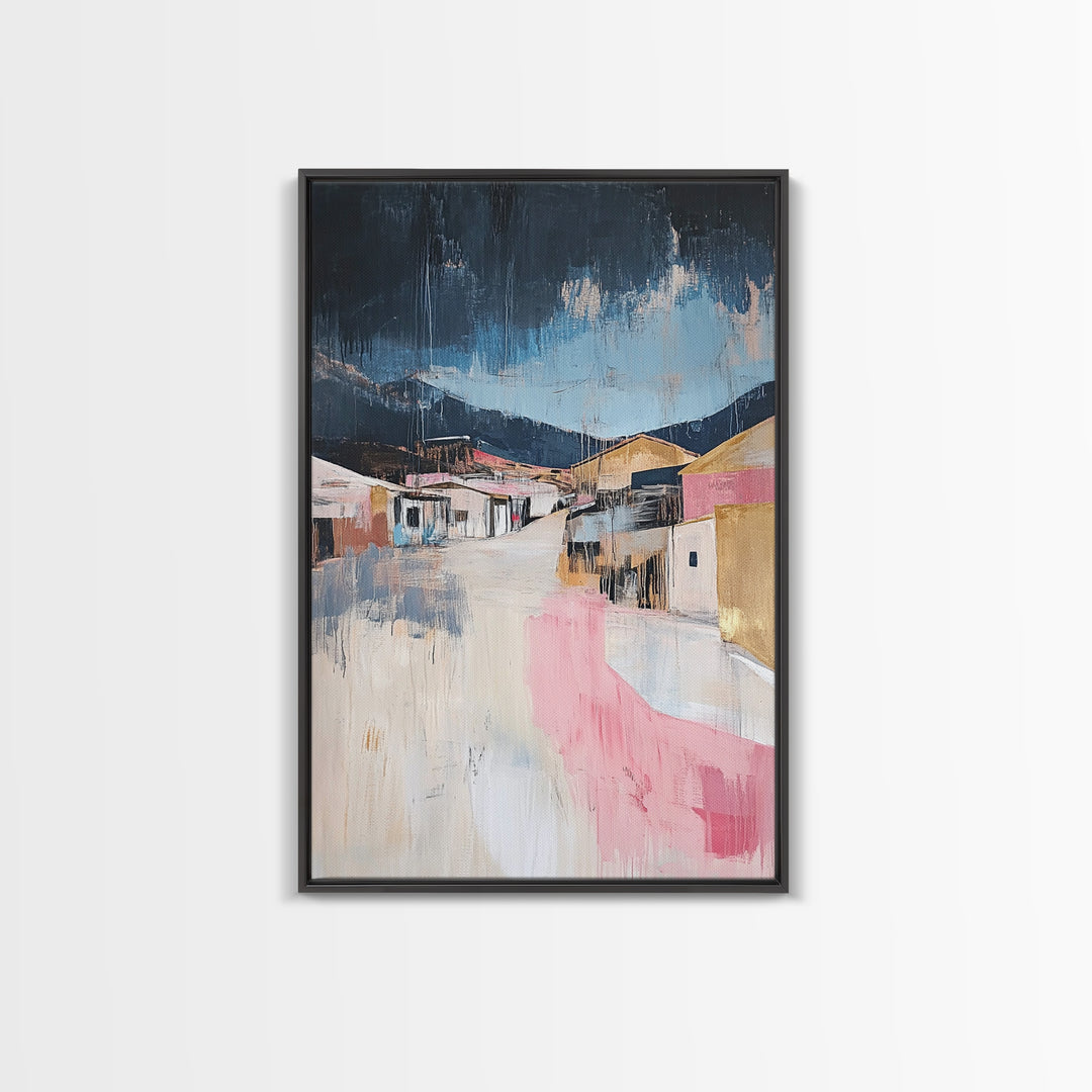 Desert Village, southwest wall art, moody art, warm tones, rustic decor, Joshua tree art, framed canvas print, abstract landscape