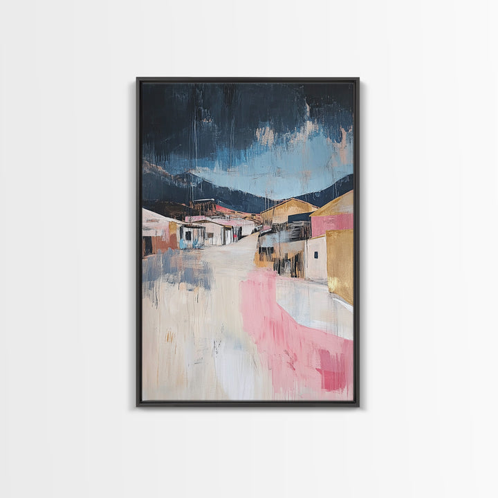 Desert Village, southwest wall art, moody art, warm tones, rustic decor, Joshua tree art, framed canvas print, abstract landscape