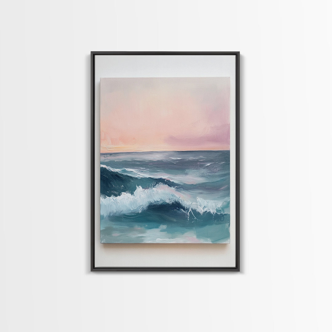 Ocean Sunset Waves, coastal decor, nautical painting, pink orange wall art, coastal landscape art, Canvas Print