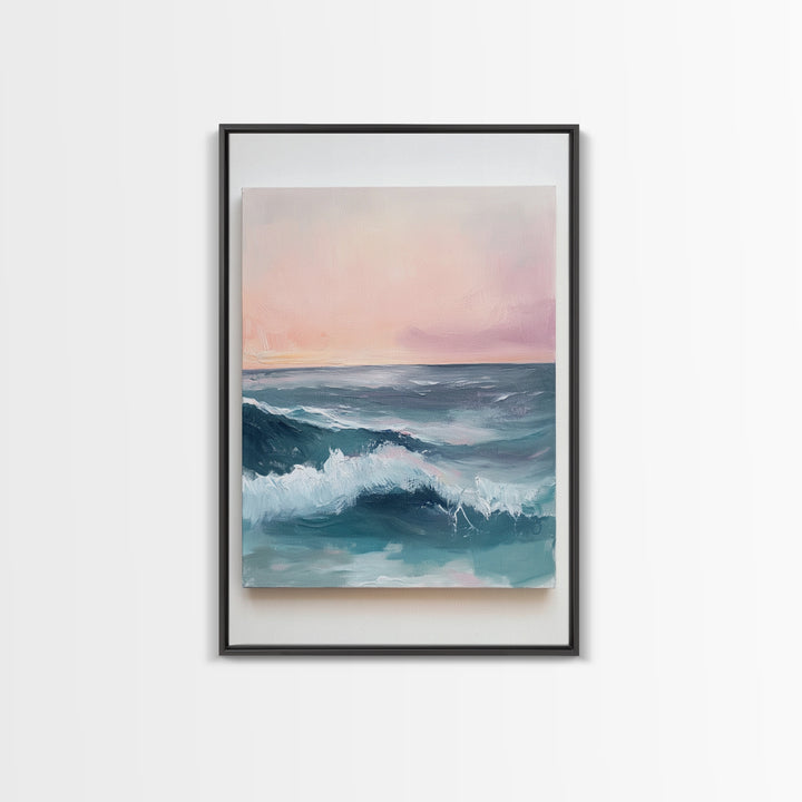 Ocean Sunset Waves, coastal decor, nautical painting, pink orange wall art, coastal landscape art, Canvas Print