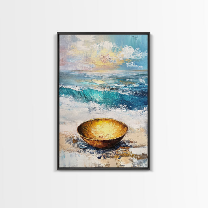 Ocean and Golden Bowl, coastal decor, nautical wall art, rustic wall art, abstract painting, seascape painting, Canvas Print