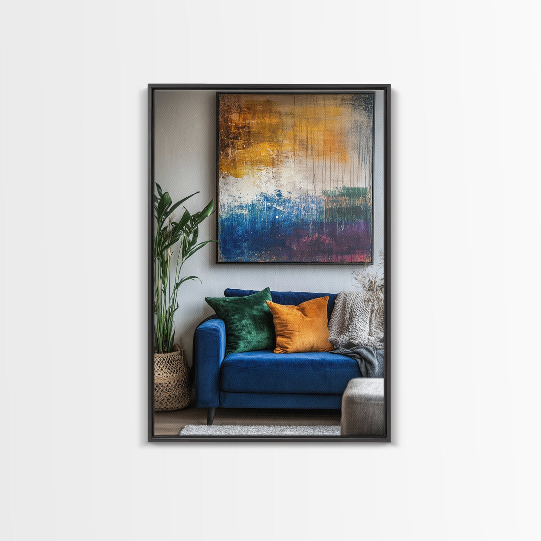 Abstract Color Drip, moody art, pink orange wall art, geometric wall art, bold living room art, Framed Canvas Print