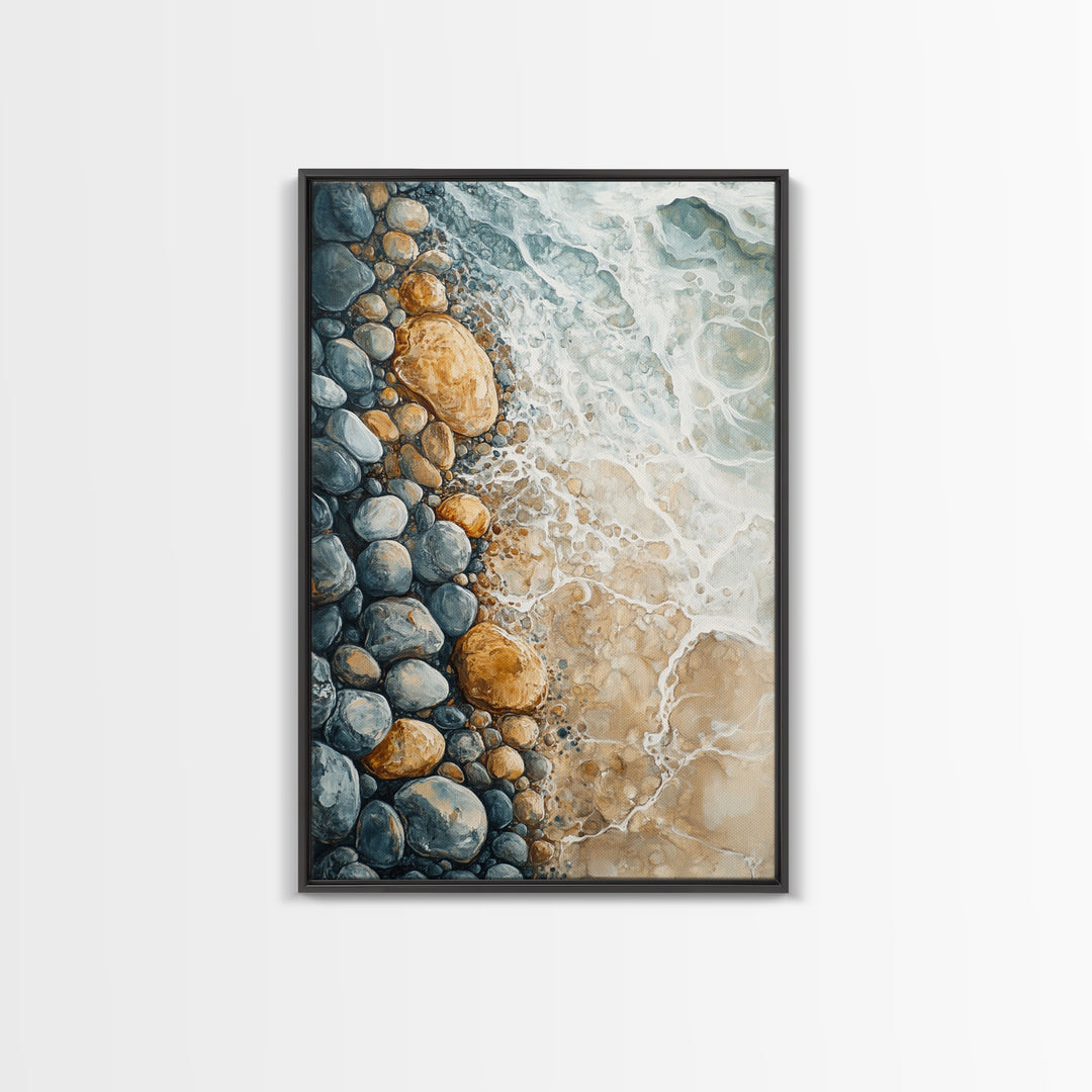 Ocean Shore Rocks, coastal wall art, surf wall art, beach house decor, nautical wall art, boho art, Framed Canvas Print