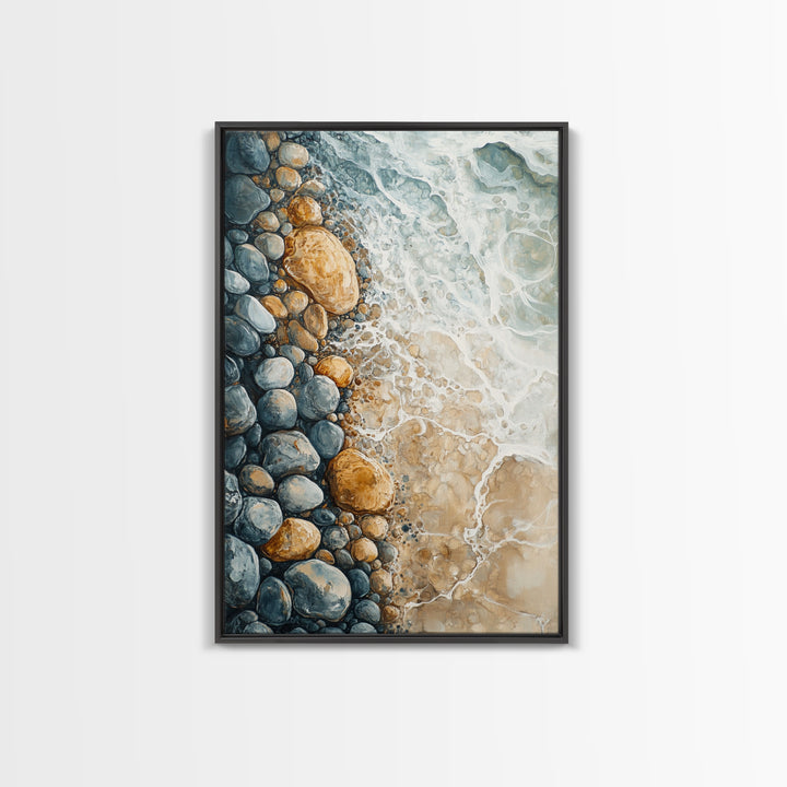 Ocean Shore Rocks, coastal wall art, surf wall art, beach house decor, nautical wall art, boho art, Framed Canvas Print
