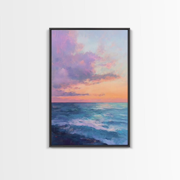 Ocean Sunset View, coastal landscape art, pink orange wall art, seascape painting, framed canvas print, bedroom art, nautical decor