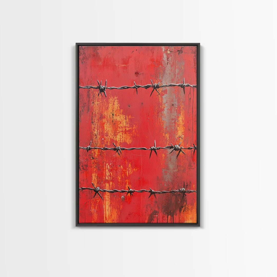 Barbed Wire, Chicano Art, Industrial Wall Art, Rustic Decor, Moody Art, Red Abstract Art, Framed Canvas Print, Gift Idea
