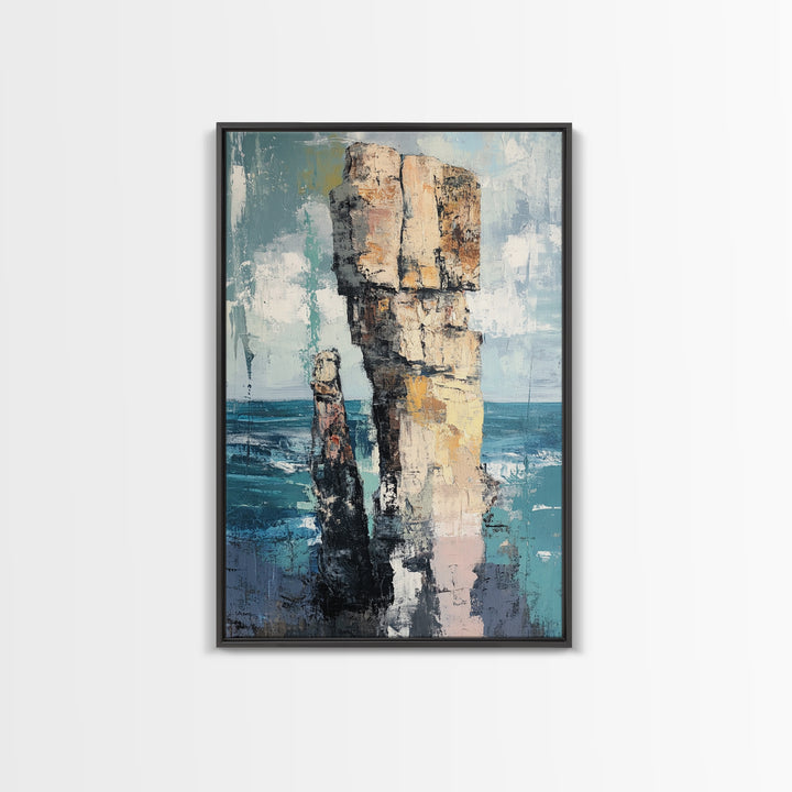Coastal Rock Formation, Ireland Painting, Seascape Wall Art, Ocean Landscape, Nautical Decor, Framed Canvas Print, Living Room Art