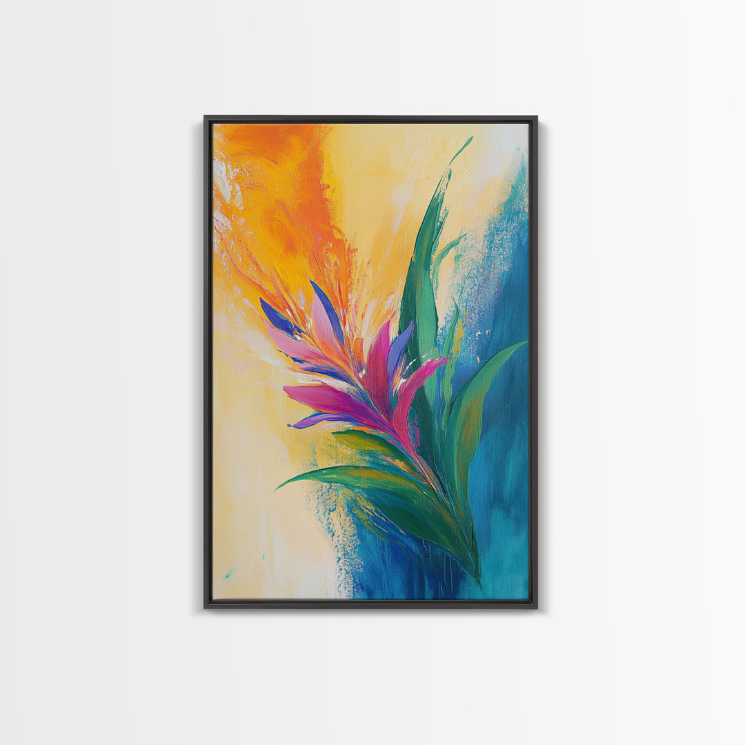 Bird of Paradise, Floral, Vibrant, Framed Canvas Print, botanical prints, tropical art, wildflower painting, boho art, pink orange wall art