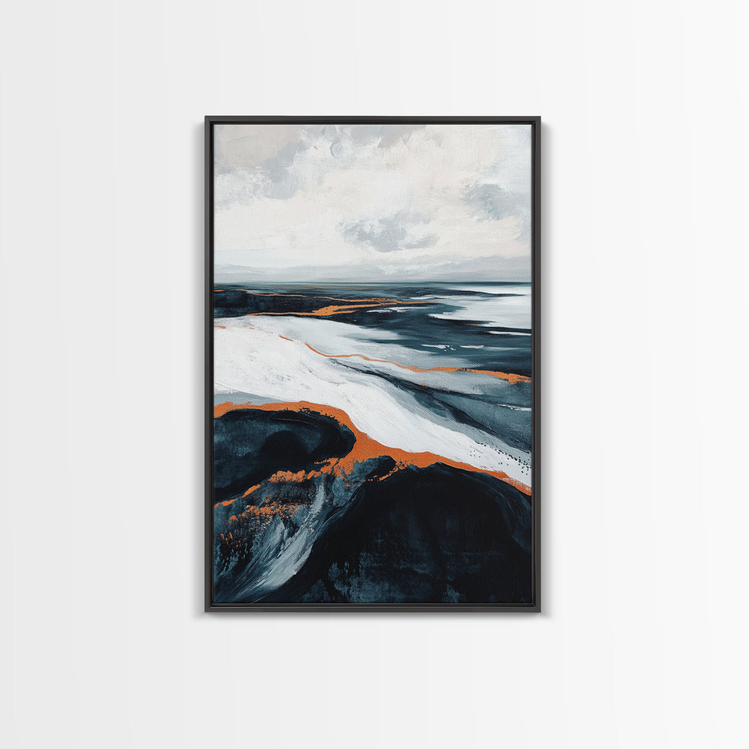 abstract seascape painting, blue and green wall art, modern coastal decor, wabi sabi art, Framed Canvas Print, extra wide art, moody art