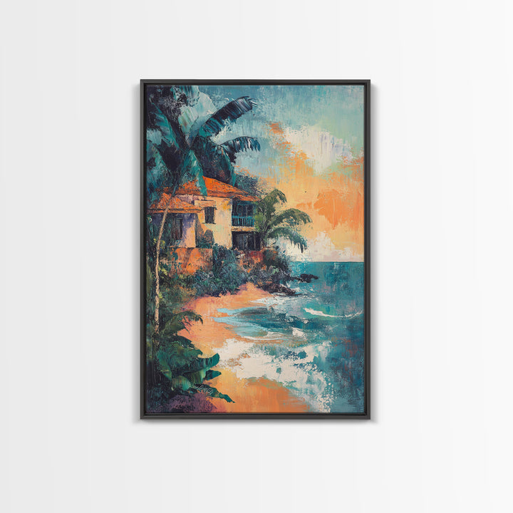 Coastal House, Tropical Art, Nautical Wall Art, Seascape Painting, Canvas Print, Palm Tree Art, Rustic Decor, Coastal Cowgirl Wall Art