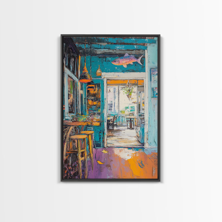 Rustic Bar Painting, Food Review Kitchen Art, Coastal Landscape Art, Canvas Print, Whimsical Art, Nautical Decor, Living Room Art