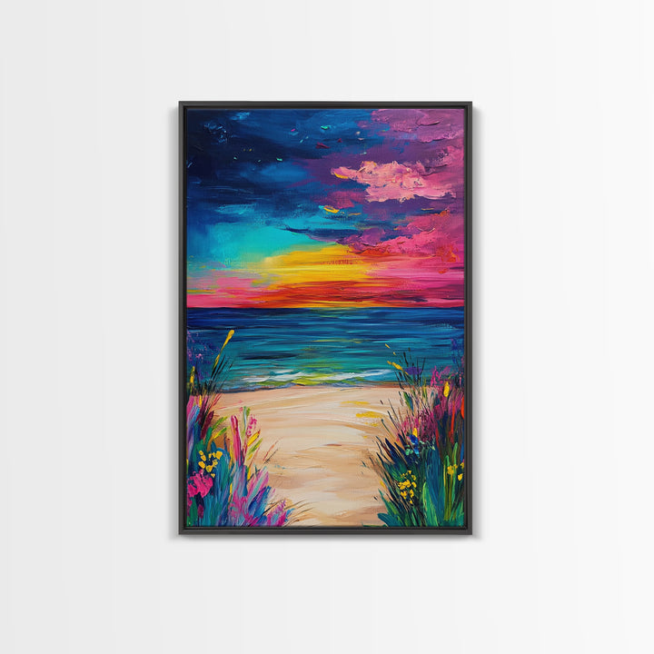 Colorful Sunset, coastal painting, seascape painting, pink orange wall art, Canvas Print, coastal cowgirl wall art, above bed wall art