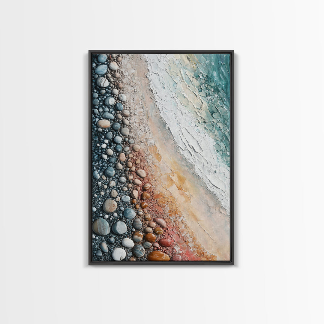 Pebble Beach, coastal painting, nautical decor, wabi sabi art, abstract seascape, textured wall art, ocean print, canvas print