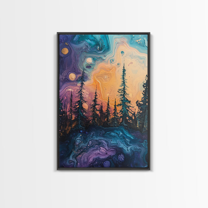 Cosmic Trees, forest at dusk painting, pine tree art, fantasy landscape, moody art, celestial wall art, mystical art, canvas print