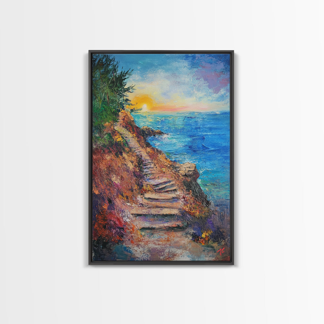 Coastal Path, landscape painting, nautical wall art, above sofa art, rustic decor, ocean view art, textured painting, canvas print