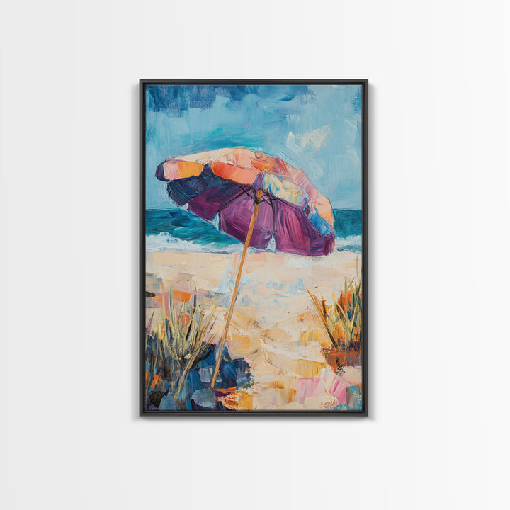 Beach Umbrella, Coastal Wall Art, Seascape Painting, Nautical Decor, Ocean Painting, Coastal Landscape Art, Framed Canvas Print
