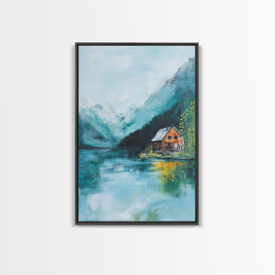 Cabin by Lake, lake Tahoe art, mountain painting, rustic wall art, bedroom art, nature wall art, framed canvas print, home decor