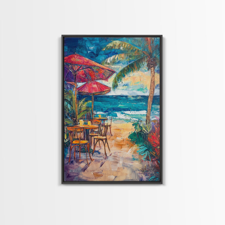 Beach Café, Coastal Landscape Art, Nautical Wall Art, Ocean Art, Seascape Painting, Coastal Decor, Canvas Print, Above Sofa Art