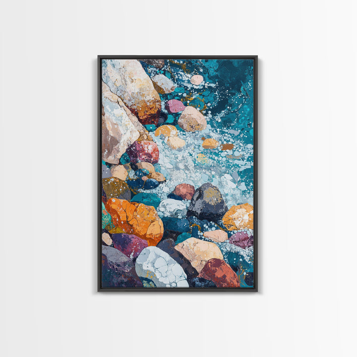Pebble Beach, Ocean Painting, Canvas Print, Coastal Wall Art, Nautical Decor, Whimsical Art, Abstract Nature Art, Gift Idea