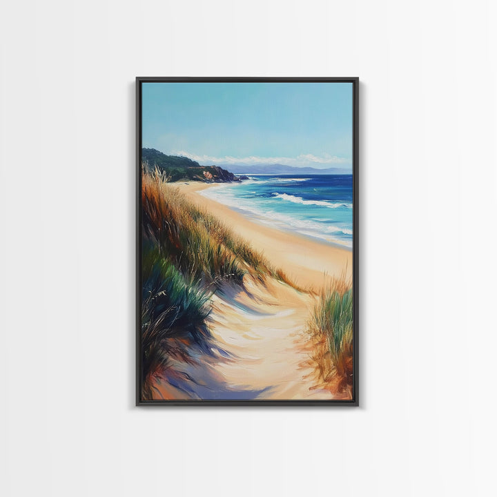 Coastal Sand Dunes Framed Canvas Print Serene Beach Painting, Ocean Landscape Wall Art, Relaxing Bedroom Decor, Nautical Home Style