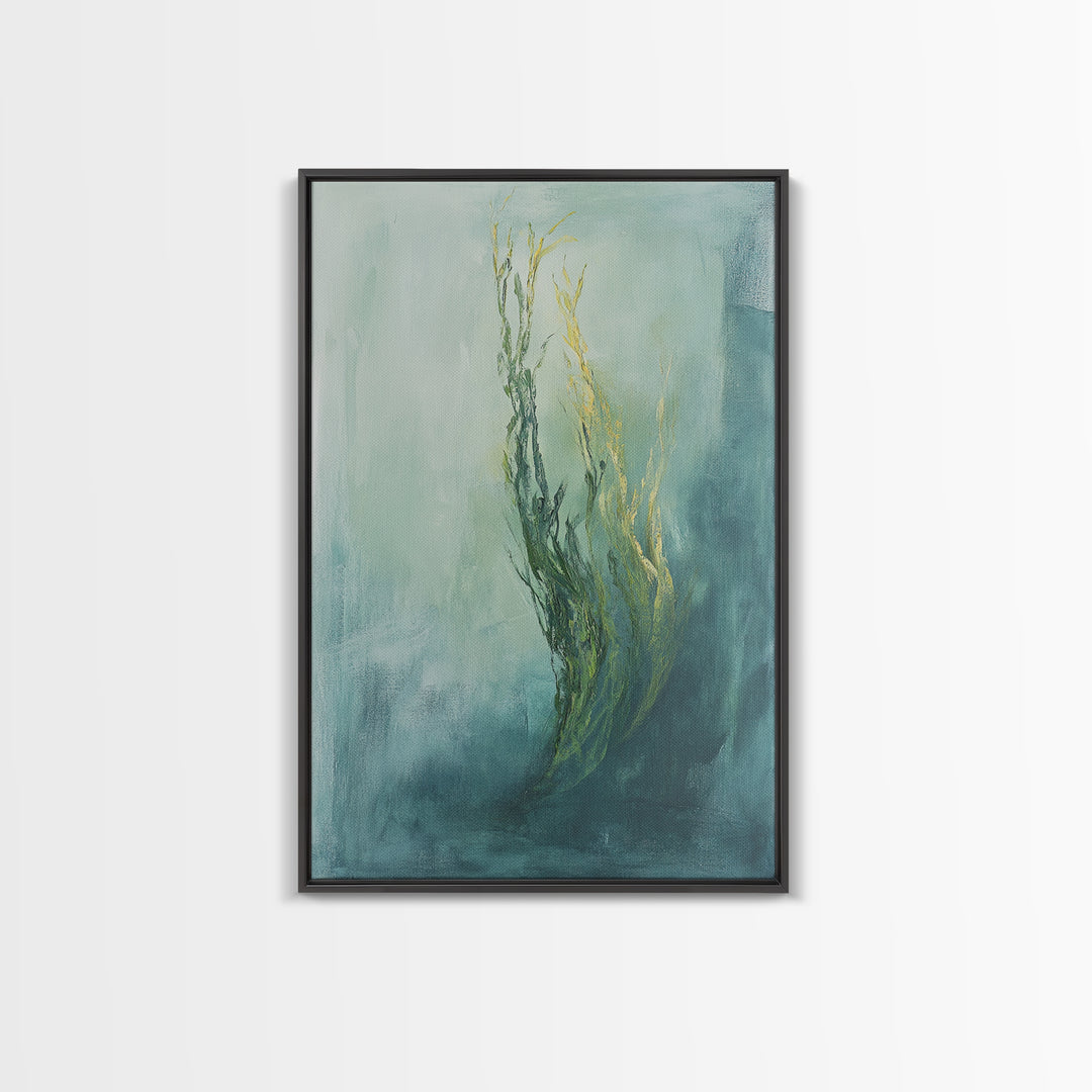 Abstract Seaweed Framed Canvas Print Minimalist Ocean Art, Coastal Botanical Wall Decor, Blue Green Seaside Painting, Serene Home Style