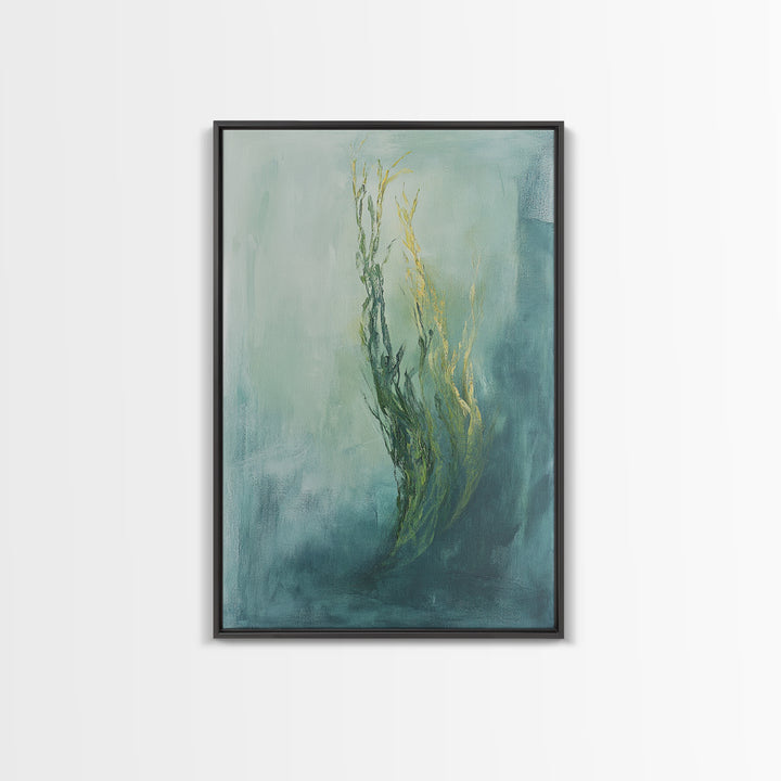 Abstract Seaweed Framed Canvas Print Minimalist Ocean Art, Coastal Botanical Wall Decor, Blue Green Seaside Painting, Serene Home Style