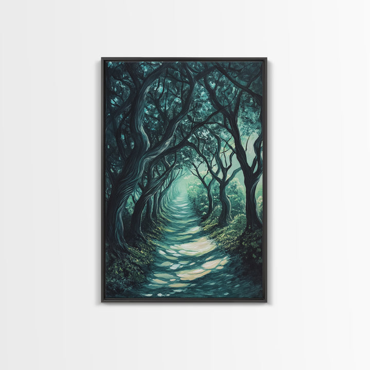 Mystical Tree Tunnel Framed Canvas Print Enchanted Forest Art, Fantasy Landscape, Dark Green Nature Decor, Living Room Wall Art