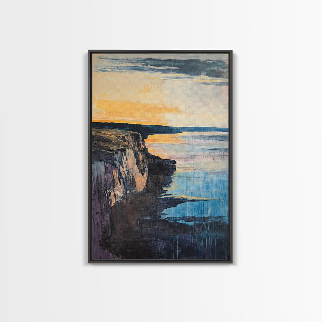 Dramatic Cliff Sunset Canvas Print Coastal Landscape Wall Art, Ocean Sunset Painting, Modern Beach Decor, Bedroom Aesthetic