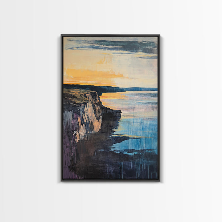 Dramatic Cliff Sunset Canvas Print Coastal Landscape Wall Art, Ocean Sunset Painting, Modern Beach Decor, Bedroom Aesthetic