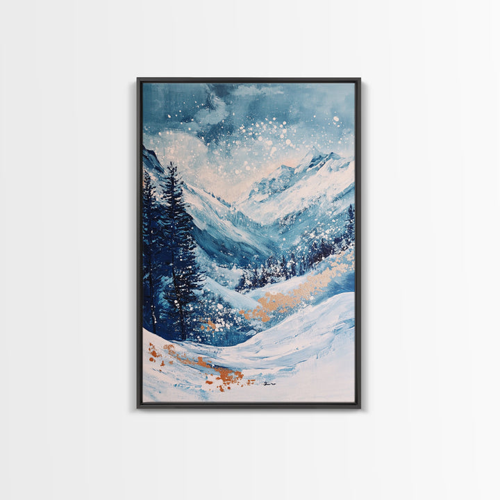 Blue Winter Wonderland Canvas Print Snowy Mountain Art, Nordic Landscape Painting, Ski Lodge Wall Decor, Christmas Holiday Artwork