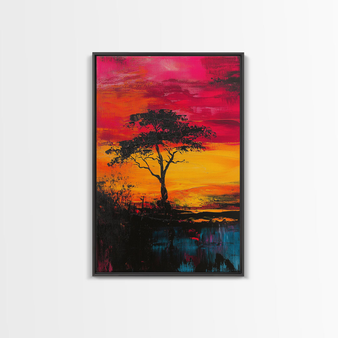 African Sunset Framed Canvas Print | Savanna Landscape Painting | Tree Silhouette Wall Art | Warm Sunset Decor | Rustic Home Art