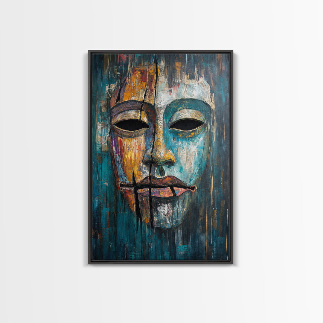 Abstract Mask Art Framed Canvas Print Ethnic Wall Decor Tribal Face Artwork Modern Expressionist Painting Boho Home Aesthetic Living Room