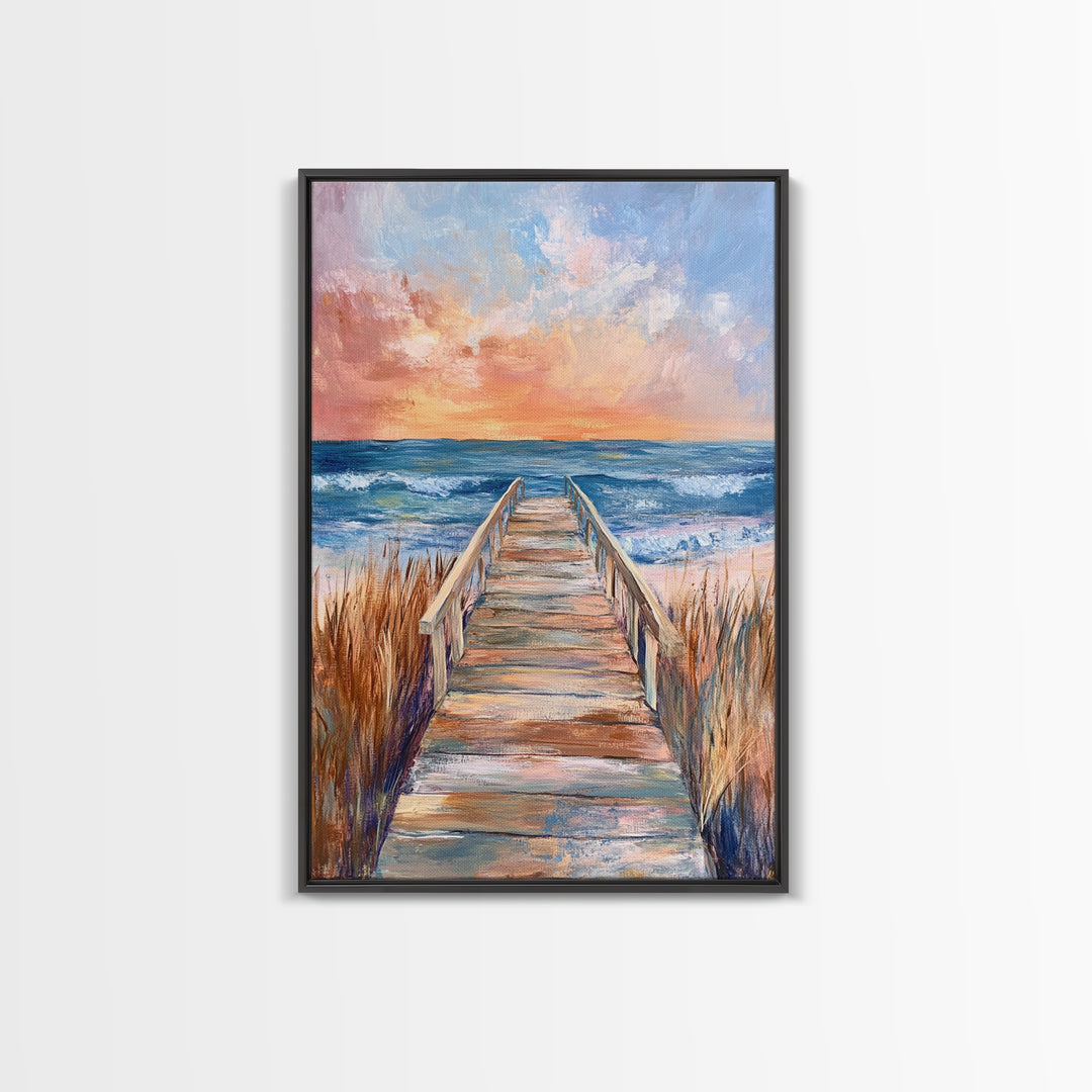 Coastal Sunset, Beach Boardwalk, Seascape Painting, Nautical Wall Art, Coastal Decor, Living Room Art, Canvas Print, Gift Idea