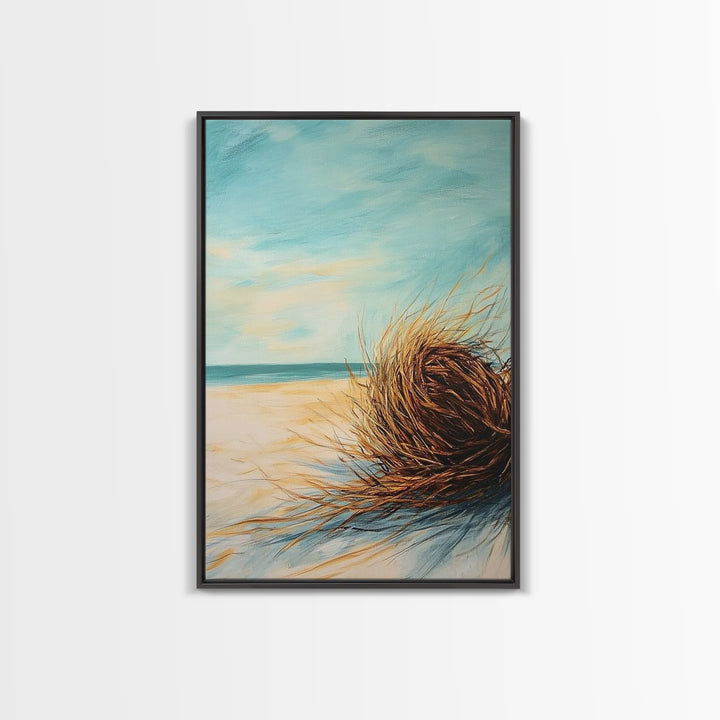 Beach Tumbleweed Painting Framed Canvas Print Coastal Wall Art Ocean Sand Decor Minimalist Art Boho Beach House Wall Accent