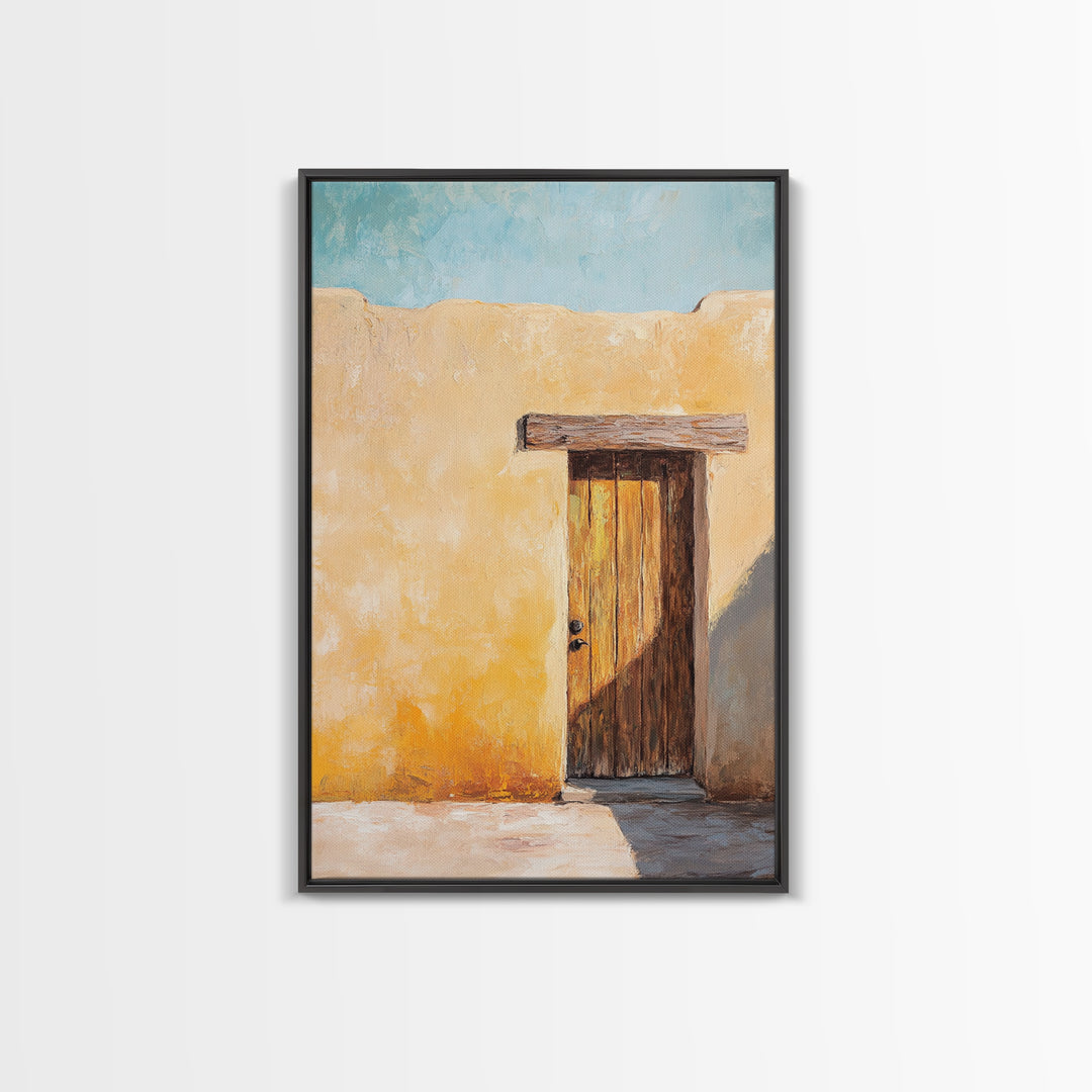 Rustic Adobe Door Framed Canvas Print Southwest Wall Art Desert Home Decor Bohemian Aesthetic Living Room Entryway Accent
