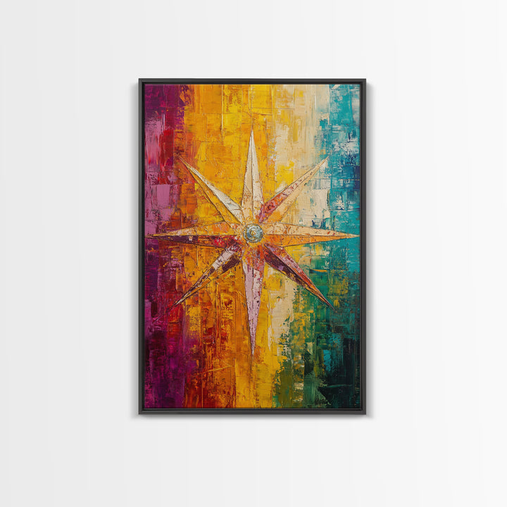 Compass Star Canvas Print Rustic Nautical Wall Art Adventure Decor Travel Lovers Gift Vibrant Abstract Living Room Artwork
