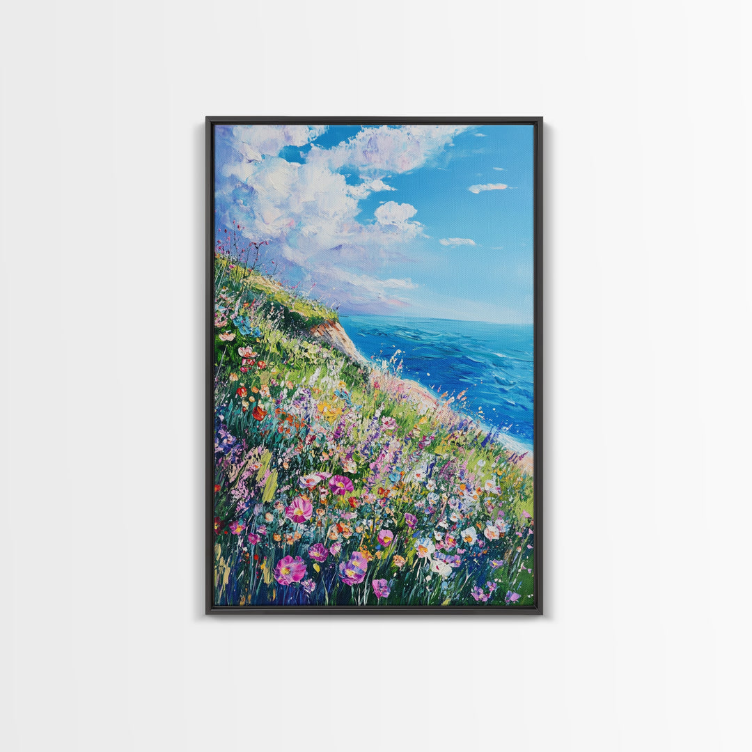Ocean Cliffside Flowers Framed Canvas Print Coastal Landscape Wall Art, Wildflower Meadow Painting, Beach House Art, Seaside Decor