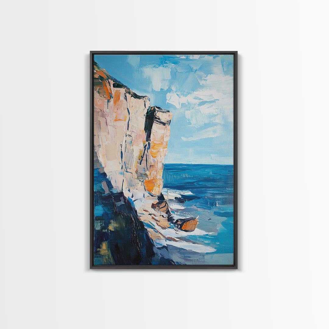Coastal Cliff Art Framed Canvas Print | Beach Wall Decor | Ocean Landscape Painting | Seaside Home Art | Nautical Wall Art