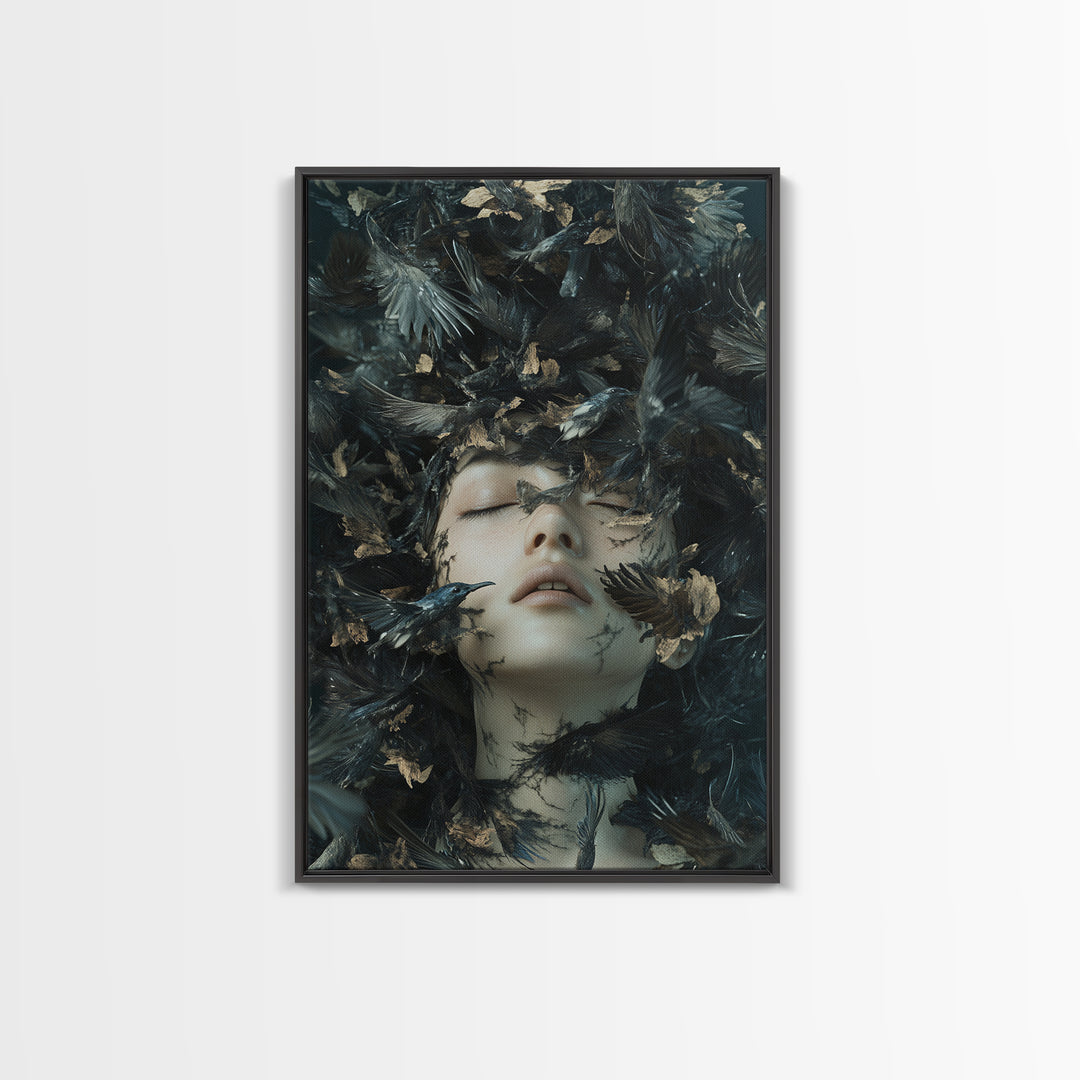 Dark Mystic Bird Canvas Print - Surreal Gothic Art, Moody Wall Decor, Dramatic Dreamscape Painting, Black Feather Fantasy Artwork