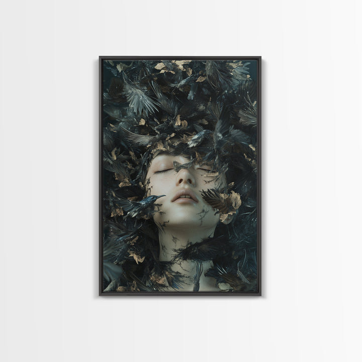 Dark Mystic Bird Canvas Print - Surreal Gothic Art, Moody Wall Decor, Dramatic Dreamscape Painting, Black Feather Fantasy Artwork