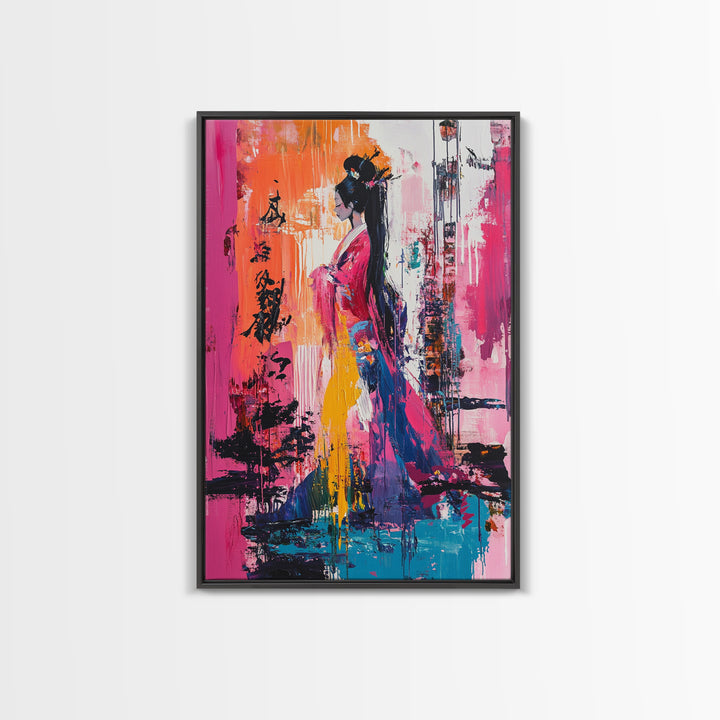 Abstract Geisha, Colorful Woman Art, Japanese Painting, Wabi Sabi Art, Boho Art, Pink Wall Art, Framed Canvas Print, Gift Idea