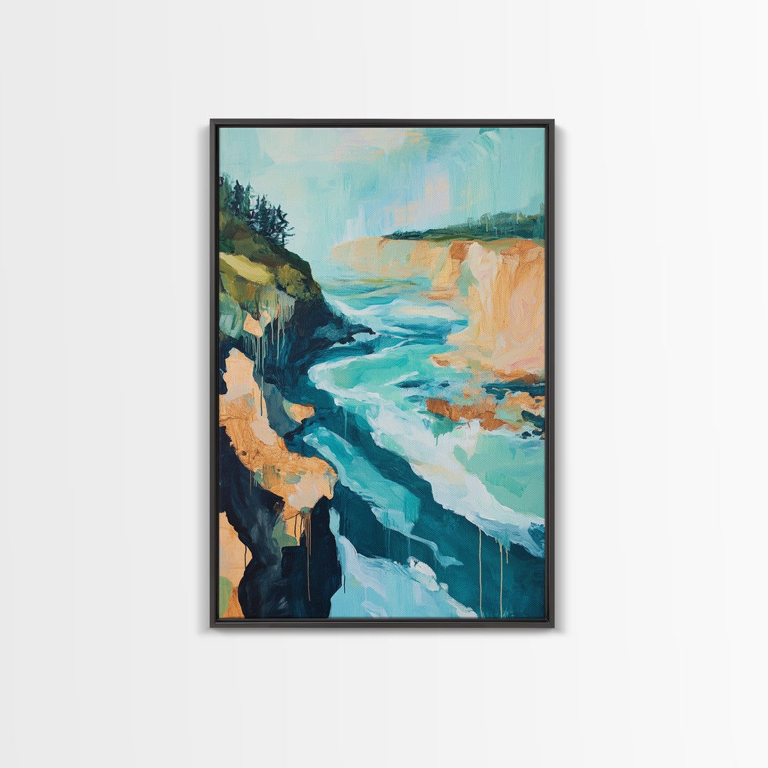 Coastal Cliffs, Nautical Painting, Seascape Painting, Rustic Decor, Extra Wide Art, Above Bed Wall Art, Framed Canvas Print