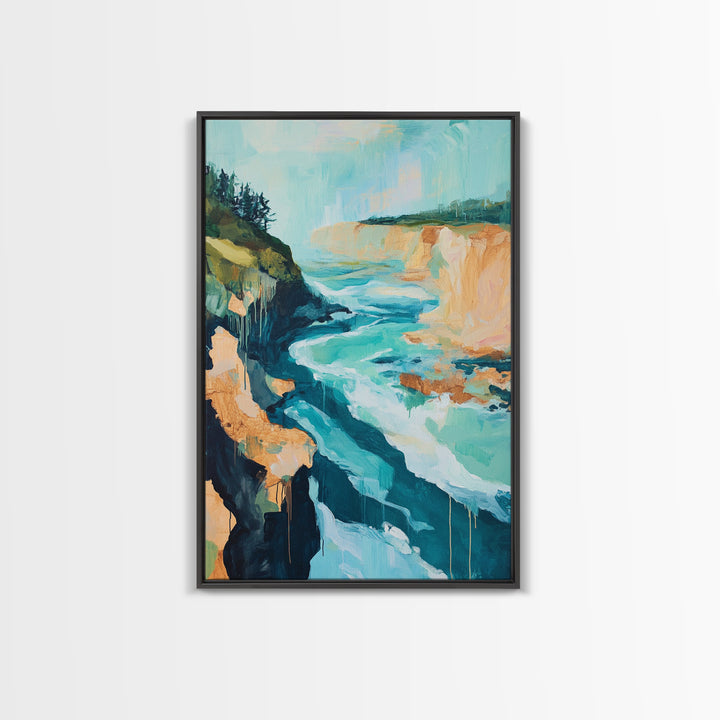 Coastal Cliffs, Nautical Painting, Seascape Painting, Rustic Decor, Extra Wide Art, Above Bed Wall Art, Framed Canvas Print